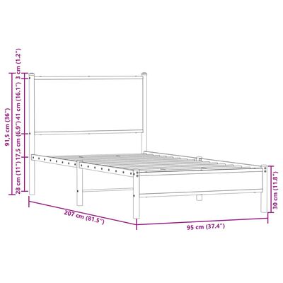 vidaXL Sängram med huvudgavel metall brun ek 90x200 cm