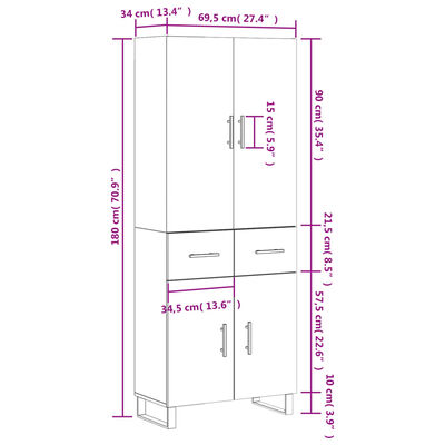 vidaXL Högskåp högglans vit 69,5x34x180 cm konstruerat trä