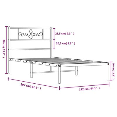 vidaXL Sängram med huvudgavel metall vit 107x203 cm