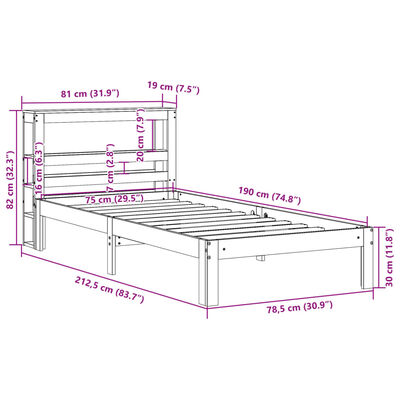 vidaXL Sängram med huvudgavel vit 75x190 cm massivt furu