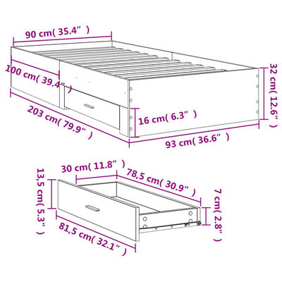 vidaXL Sängram med lådor sonoma-ek 90x200 cm konstruerat trä