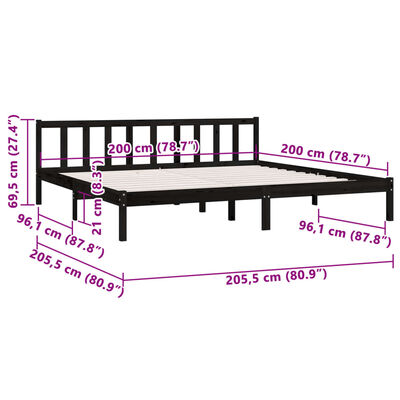 vidaXL Sängram svart massiv furu 200x200 cm