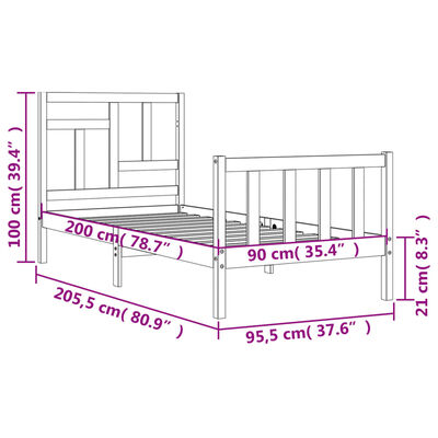 vidaXL Sängram med huvudgavel vit 90x200 cm massivt trä