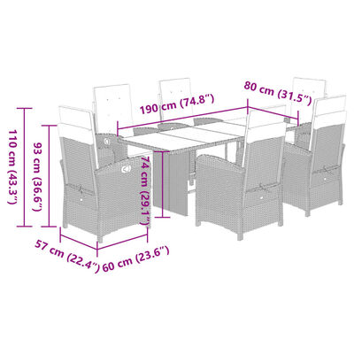 vidaXL Matgrupp för trädgården med dynor 7 delar beige konstrotting