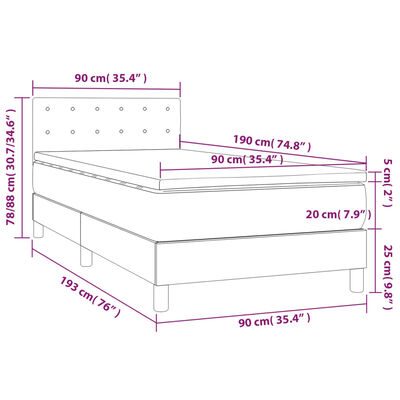 vidaXL Ramsäng med madrass & LED mörkgrå 90x190 cm sammet