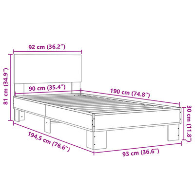 vidaXL Sängram sonoma-ek 90x190 cm konstruerat trä och metall