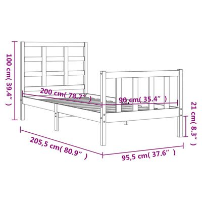 vidaXL Sängram med huvudgavel 90x200 cm massivt trä