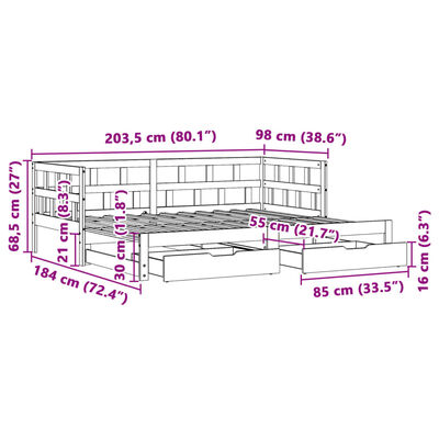 vidaXL Utdragbar dagbädd med lådor 90x200 cm massiv furu