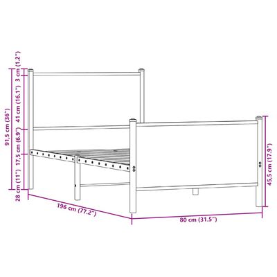 vidaXL Sängram utan madrass metall rökfärgad ek 75x190 cm