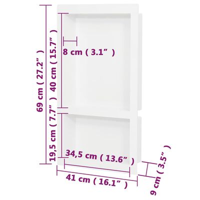 vidaXL Infälld duschhylla niche 2 hyllor matt vit 41x69x9 cm