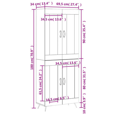 vidaXL Högskåp högglans vit 69,5x34x180 cm konstruerat trä