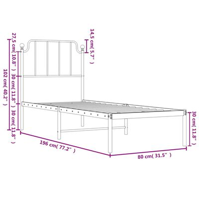 vidaXL Sängram utan madrass med huvudgavel metall vit 75x190 cm