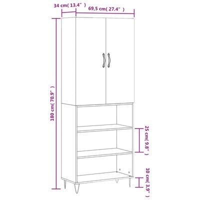 vidaXL Högskåp högglans vit 69,5x34x180 cm konstruerat trä