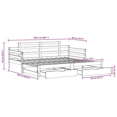 vidaXL Utdragbar dagbädd med lådor vit 80x200 cm massiv furu