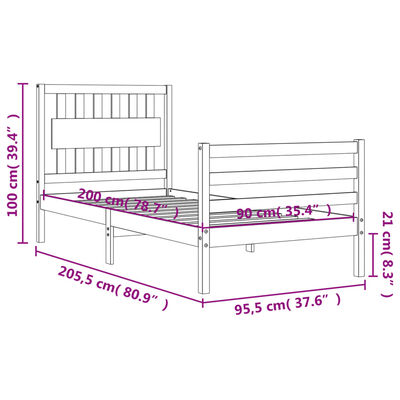 vidaXL Sängram med huvudgavel 90x200 cm massivt trä