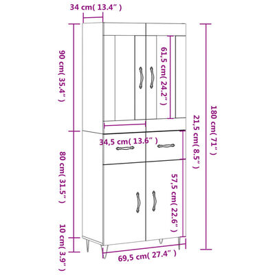 vidaXL Högskåp vit 69,5x34x180 cm konstruerat trä