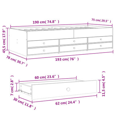 vidaXL Dagbädd med lådor utan madrass sonoma-ek 75x190 cm