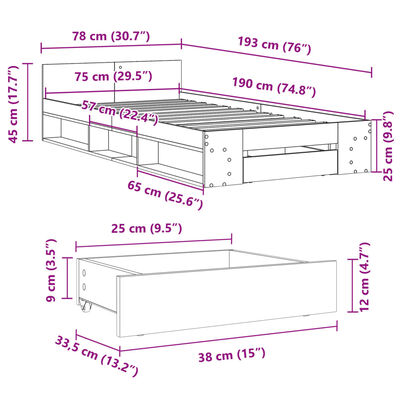 vidaXL Sängram med låda brun ek 75x190 cm konstruerad trä