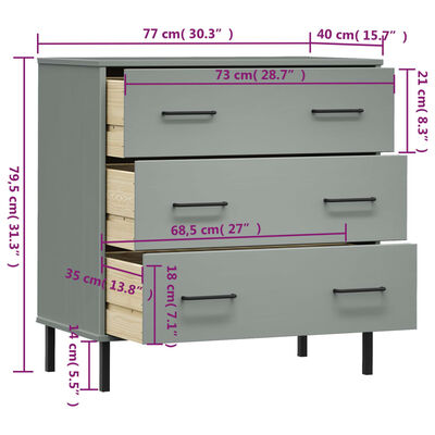 vidaXL Byrå med 3 lådor OSLO grå 77x40x79,5 cm massivt trä