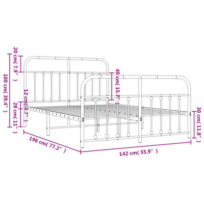 vidaXL Sängram med huvudgavel och fotgavel vit metall 135x190 cm