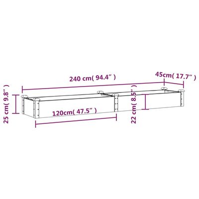 vidaXL Odlingslåda med foder brun 240x45x25 cm massivt granträ