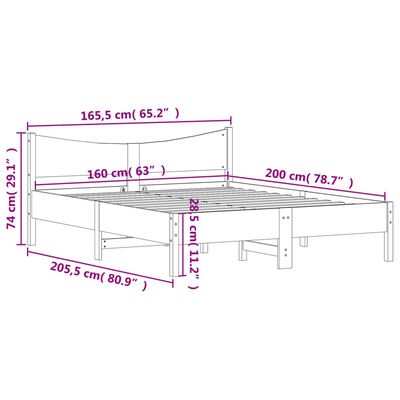 vidaXL Sängram utan madrass vit 160x200 cm massiv furu