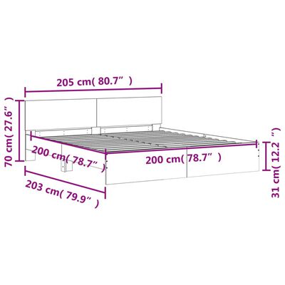 vidaXL Sängram med huvudgavel och LED grå sonoma 200x200 cm