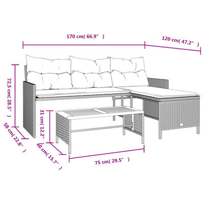 vidaXL Trädgårdssoffa med bord och dynor L-formad beige konstrotting