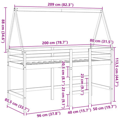 vidaXL Våningssäng med stege och tak vit 80x200 cm massiv furu