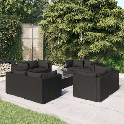vidaXL Loungegrupp för trädgården med dynor 9 delar konstrotting svart