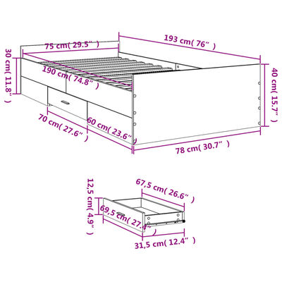 vidaXL Sängram med lådor sonoma-ek 75x190 cm konstruerat trä