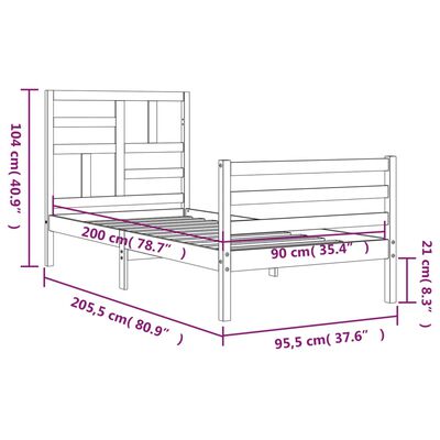 vidaXL Sängram med huvudgavel 90x200 cm massivt trä