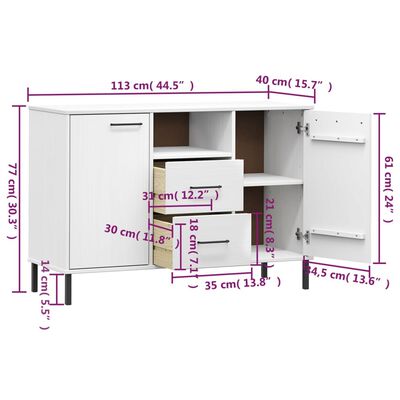 vidaXL Skänk med metallben OSLO vit 113x40x77 cm massivt trä