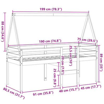 vidaXL Hög säng med tak vaxad brun 75x190 cm massiv furu