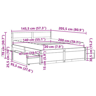 vidaXL Sängram med lådor och madrass vaxbrun 140x200 cm massiv furu