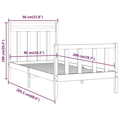 vidaXL Sängram svart massivt trä 90x200 cm enkelsäng