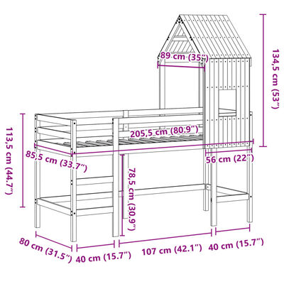 vidaXL Våningssäng med stege och tak 80x200 cm massiv furu