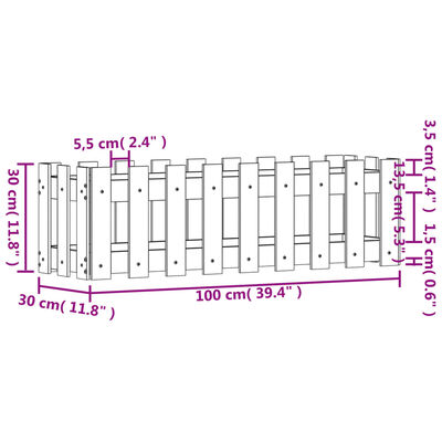 vidaXL Odlingslåda med staket-design vit 100x30x30 cm massiv furu