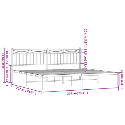 vidaXL Sängram med huvudgavel metall vit 200x200 cm