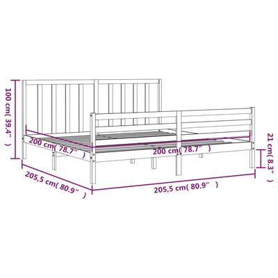 vidaXL Sängram med huvudgavel grå 200x200 cm massivt trä