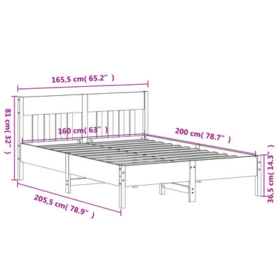 vidaXL Sängram utan madrass vit 160x200 cm massiv furu