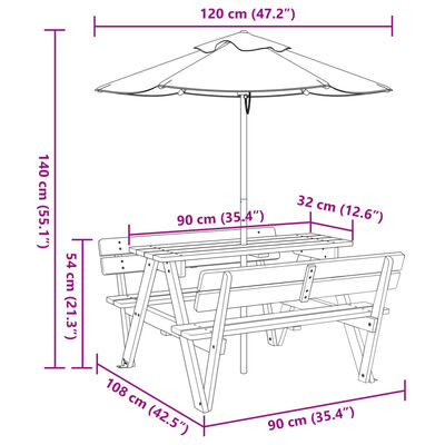 vidaXL Picknickbord med parasoll för 4 barn massivt granträ