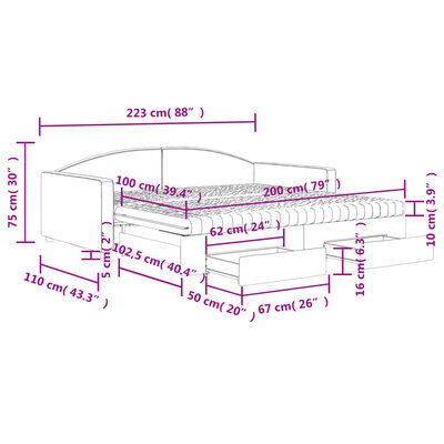 vidaXL Dagbädd utdragbar med lådor ljusgrå 100x200 cm tyg