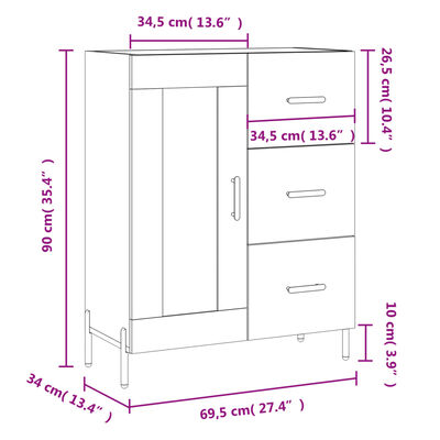 vidaXL Skänk vit högglans 69,5x34x90 cm konstruerat trä