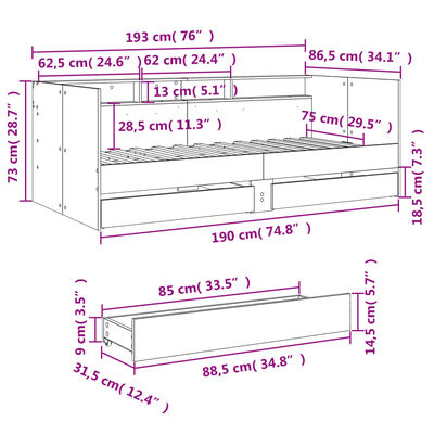 vidaXL Dagbädd med lådor utan madrass sonoma-ek 75x190 cm