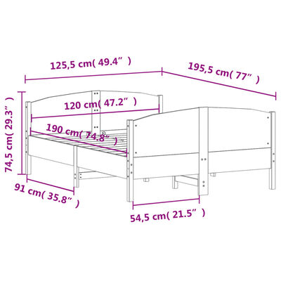 vidaXL Sängram utan madrass 120x190 cm massiv furu