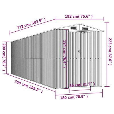 vidaXL Trädgårdsskjul mörkbrun 192x772x223 cm galvaniserat stål