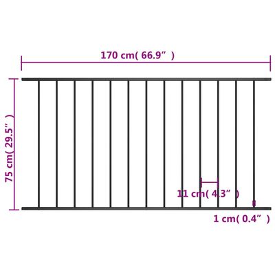 vidaXL Staketpanel pulverlackerat stål 1,7x0,75 m svart