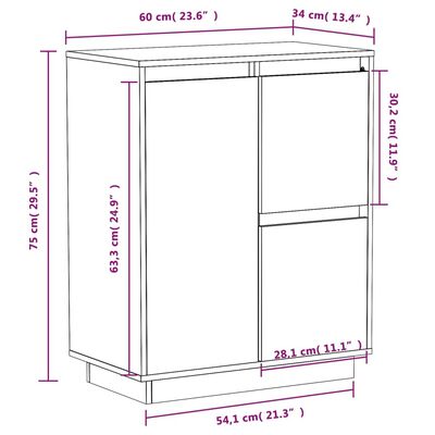 vidaXL Skänk vit 60x34x75 cm massiv furu