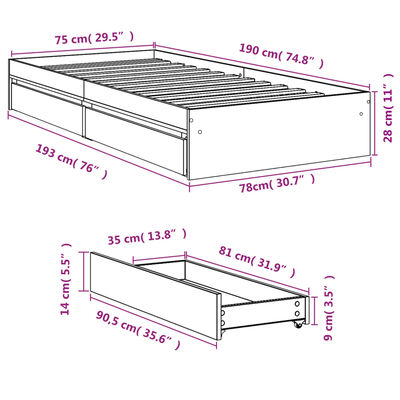 vidaXL Sängram med lådor sonoma-ek 75x190 cm konstruerat trä